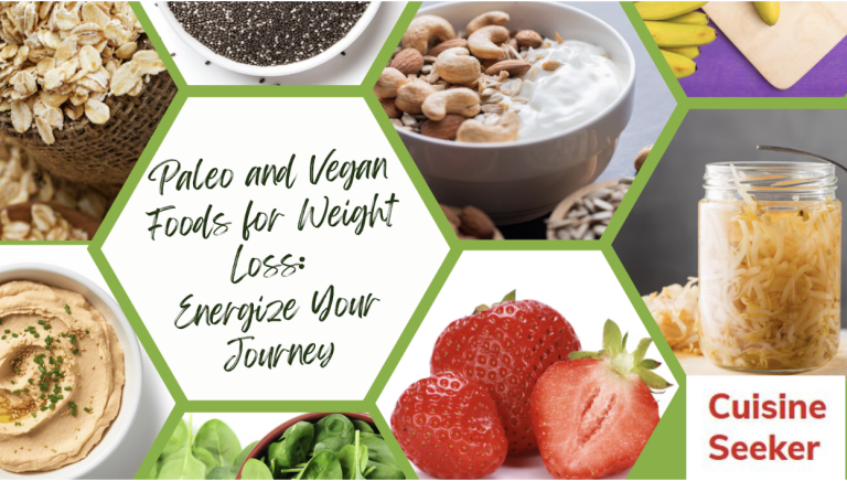 Hexagonal collage showcasing paleo and vegan foods: chia seeds, mixed nuts, yogurt, sauerkraut in a jar, strawberries, spinach, hummus, and zucchini. The text reads, "Paleo and Vegan Delights for Weight Loss: Energize Your Journey.